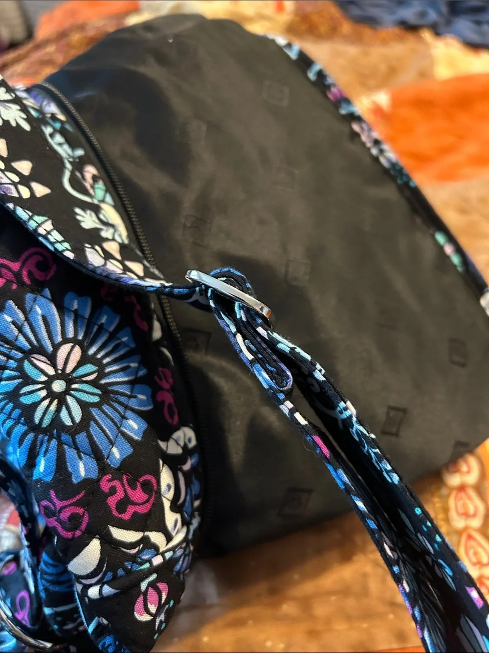 Vera Bradley Black Quilted Crossbody with Blue, Pink & Cream Floral Pattern